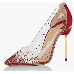 FSJ Red Studded Pointed Toe Transparent Pumps High Heels Shoes